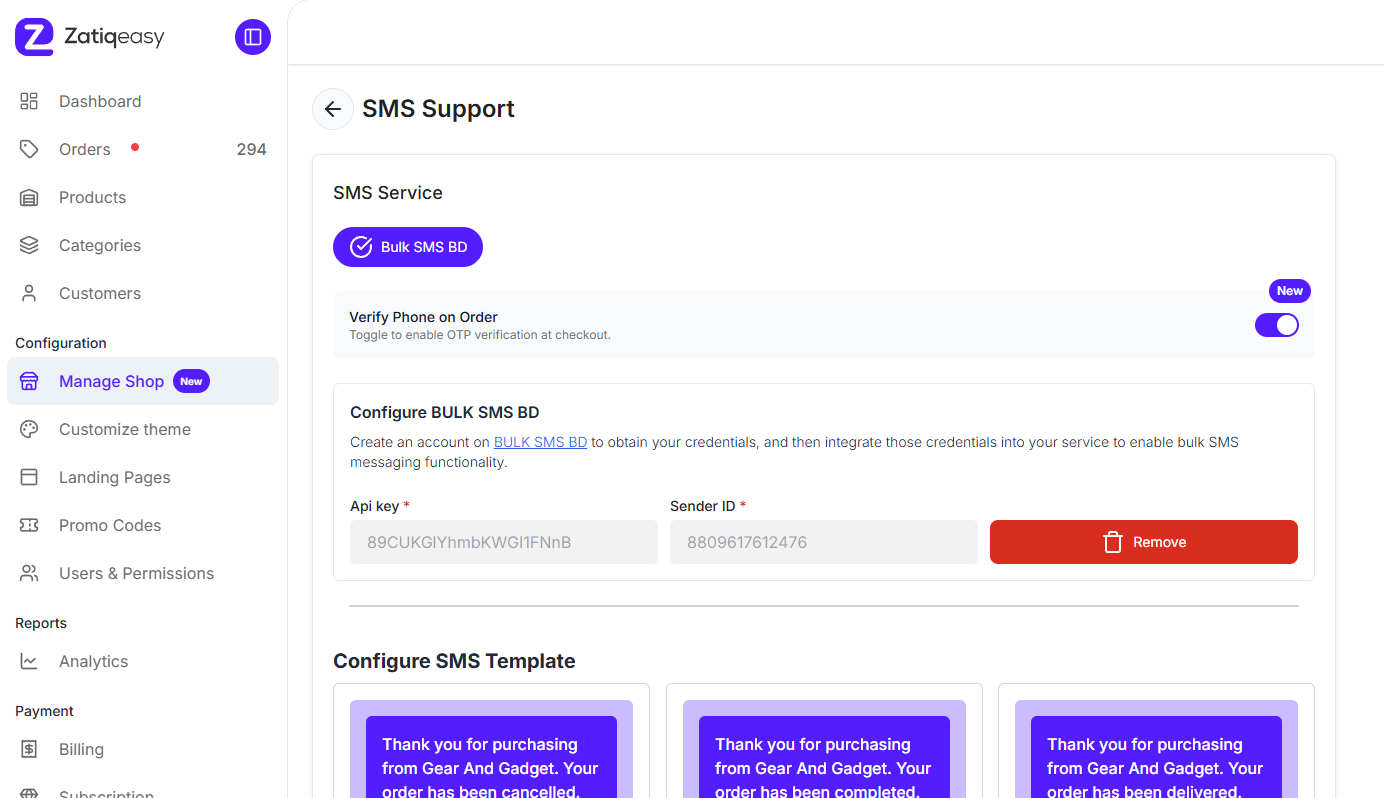 Merchant Panel - SMS Support